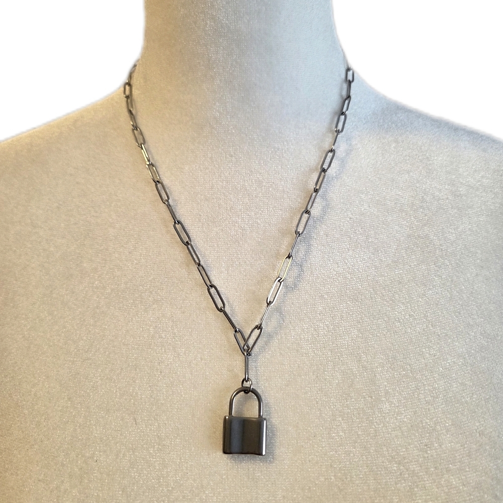 Plunder Liana Stainless Non Tarnish Padlock Silver Link Chain Necklace